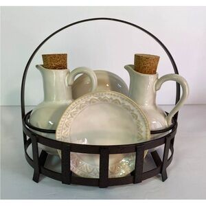 Set of Pottery Barn Oil & Vinegar Cruets, 4 Dipping Plates and Metal Caddy
